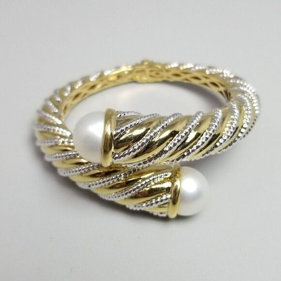 Vintage Hinged Crossover Bracelet Gold Tone Silver Tone Spiral Faux Pear Ends - Picture 8 of 9